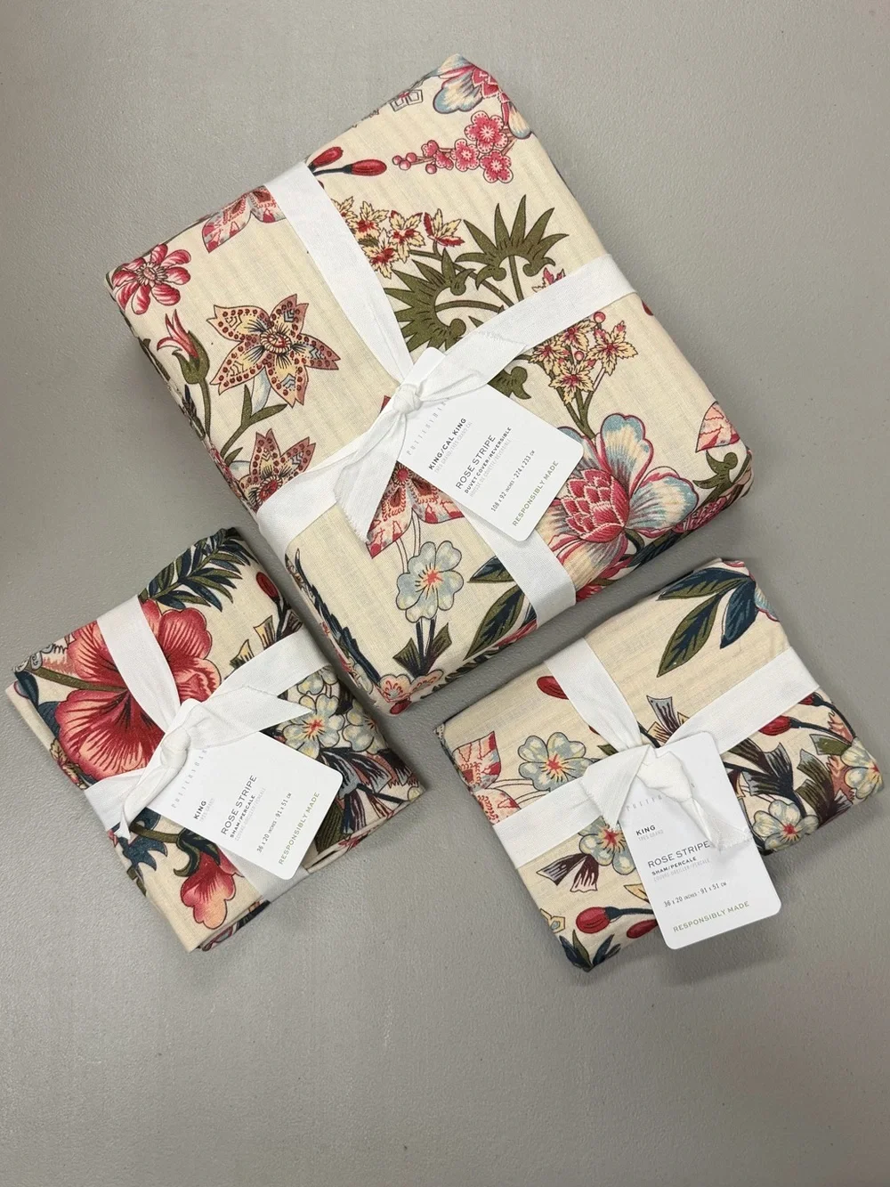 Pottery Barn Rose Floral Stripe Reversible Duvet Cover King Cal & 2 Shams NWT